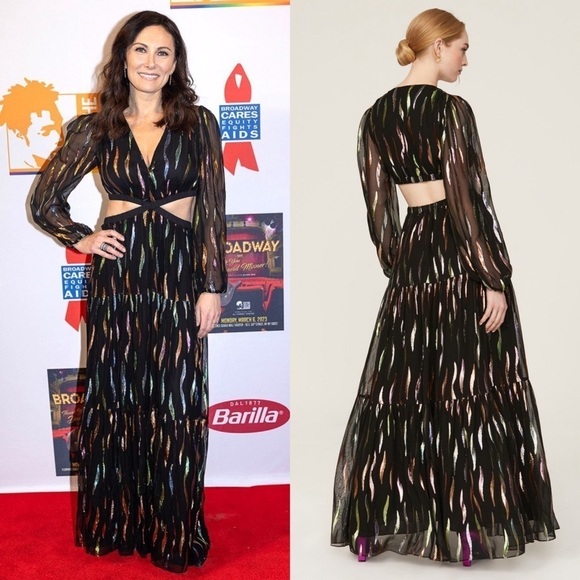 SHOSHANNA Rainbow Metallic Chiffon Puff Long Sleeve Cutout Waist Maxi Gown 10 - Picture 2 of 12